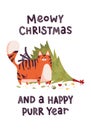 New year greeting card with cute tiger. The cat attacked and dropped the christmas tree. Chinese new year symbol. Text