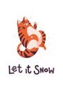 New year greeting card with cute tiger. Cat hunting snow. Chinese new year symbol. Text Let it snow lettering. Royalty Free Stock Photo