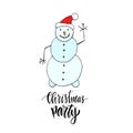 New year greeting card with dancing snowman. Christmas Party greeting card with modern calligraphy