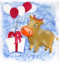 New Year 2021 greeting card design. Hand painted illustration of cute bull with gift and air balloons