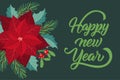 New Year greeting card with fir tree, poinsettia and holly berry. Royalty Free Stock Photo