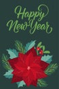 New Year greeting card with fir tree, poinsettia and holly berry. Royalty Free Stock Photo