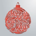 New Year greeting card in the form of patterned ball with inscription on a light background.