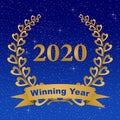 New year greeting card 2020 with gold laurel wreath composed of two branches with colorful hearts and stems with a gold ribbon for