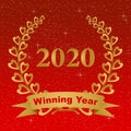 New year greeting card for 2020 with gold laurel wreath composed of two branches with colorful hearts and stems with a gold ribbon