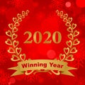 New year greeting card for 2020 with gold laurel wreath composed of two branches with colorful hearts and stems with a gold ribbon