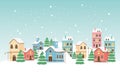 New year greeting card houses town trees lamp post snow