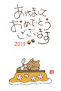 New year greeting card with lazy boar sleeping in Kotatsu futon