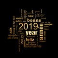 New year greeting card 2019. Multilingual word cloud, golden letters on black