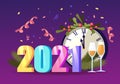 2021 New Year Greeting Card with Number, Chiming Clock Decorated with Spruce Branch, Champagne Wineglasses and Confetti Royalty Free Stock Photo