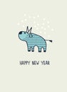 New Year greeting card with ox, zodiac animal for 2021. Horoscope bull and hand-lettered greeting phrase Royalty Free Stock Photo