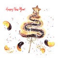 New Year greeting card with pastries and tangerine slices in glaze