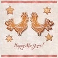 New year greeting card with realistic rooster gingerbread cookie.