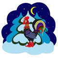 New year greeting card with rooster in red boots with spurs