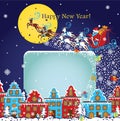 New Year greeting card.Santa Claus coming to City.Vector Royalty Free Stock Photo