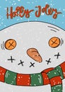 New Year greeting card with snowman. Close-up face of a smiling snowman. New year greeting card Royalty Free Stock Photo