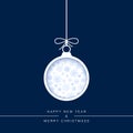 New Year greeting card template. Cut paper Christmas ball in blue background with snowflakes. Holiday decoration element. Vector Royalty Free Stock Photo