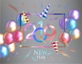 New year 2019 greeting card with textured ribbons and holiday decorations.