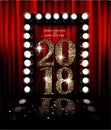 2018 new year greeting card WITH THEATER CURTAINS AND VINTAGE LIGHT FRAME. Royalty Free Stock Photo