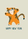 New Year greeting card with Water Tiger, zodiac animal for 2022. Horoscope bull and hand-lettered greeting phrase Royalty Free Stock Photo