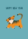 New Year greeting card with Water Tiger, zodiac animal for 2022. Horoscope bull and hand-lettered greeting phrase Royalty Free Stock Photo