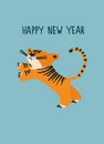 New Year greeting card with Water Tiger, zodiac animal for 2022. Horoscope bull and hand-lettered greeting phrase Royalty Free Stock Photo