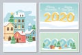 New year 2020 greeting cards village houses snow gifts boxes Royalty Free Stock Photo