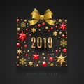 New Year 2019 illustration. Abstract gift box made from stars, ruby gems, golden snowflakes, beads and glitter gold bow r Royalty Free Stock Photo