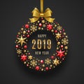 New year 2019 illustration. Abstract holidays bauble made from stars, ruby gems golden snowflakes, beads and glitter gold Royalty Free Stock Photo