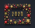 New Year greeting illustration. Frame made from stars, ruby gems, glitter gold snowflakes and beads and glitter gold 2020 logo. Royalty Free Stock Photo