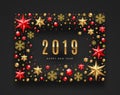 New Year 2019 illustration. Frame made from stars, ruby gems, glitter gold snowflakes and beads. Vector illustration. Royalty Free Stock Photo