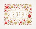 New Year 2019 greeting illustration. Frame made from stars, ruby gems, golden snowflakes, beads and glitter gold. Royalty Free Stock Photo
