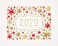 New Year 2020 greeting illustration. Frame made from stars, ruby gems, golden snowflakes, beads and glitter gold. Royalty Free Stock Photo