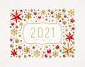 New Year 2021 greeting illustration. Frame made from stars, ruby gems, golden snowflakes, beads and glitter gold. Royalty Free Stock Photo