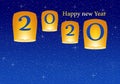 New year greetings for year 2020 with bright blue background with glowing stars with yellow lights and flying chinese lucky lanter Royalty Free Stock Photo