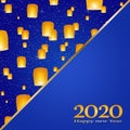 New year greetings for year 2020 with bright blue background with glowing stars with yellow lights and flying chinese lucky lanter