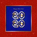 New year greetings for year 2020 with bright red background with glowing stars with gold lights with number in the golden ribbon f