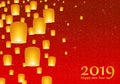 New year greetings for year 2019 with bright red sky with glowing stars with yellow lights and flying chinese lucky lanterns with Royalty Free Stock Photo