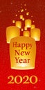 New year greetings for year 2020 with bright red sky with glowing stars with yellow lights and flying chinese lucky lanterns with Royalty Free Stock Photo
