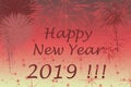 New Year 2019 Greetings Card. Fireworks Effects On Background