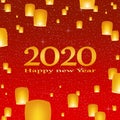 New year greetings for year 2020 with bright blue background with glowing stars with yellow lights with number Royalty Free Stock Photo