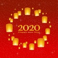 New year greetings for year 2020 with bright blue background with glowing stars with yellow lights with number