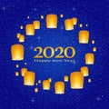 New year greetings for year 2020 with bright blue background with glowing stars with yellow lights with number Royalty Free Stock Photo