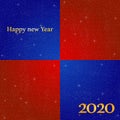 New year greetings for year 2020 with bright blue background and red square with glowing stars with yellow lights with number Royalty Free Stock Photo