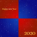 New year greetings for year 2020 with bright blue background and red square with glowing stars with yellow lights with number Royalty Free Stock Photo