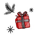 New Year hand drawn doodle icons set.Branch, snowflakes,present.