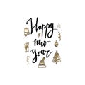 New Year hand drawn lettering with gold glitter texture Christmas elements. Vector illustration. Perfect for greeting cards, poste