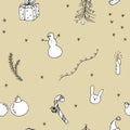 New Year hand drawn seamless pattern with snowman, gifts, bunny and snow - on brown