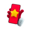 New Year hand holds a phone with a red screen and a gold star. Christmas and New Year\'s Day event concept. 3d rendering