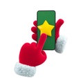 New Year hand presses phone with green screen and gold star. Christmas and New Year\'s Day event concept. 3d rendering